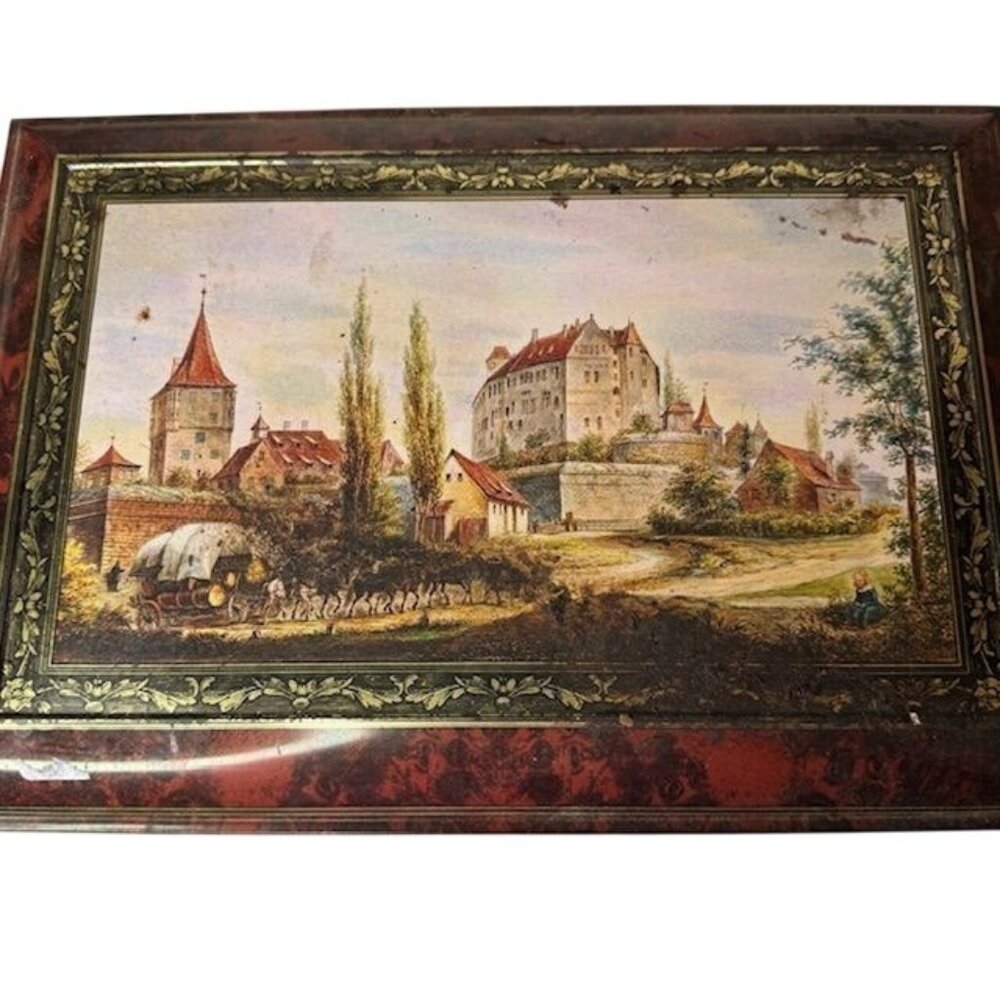 Vintage Decorative Tin Box With Castle Scene & Ornate Sides